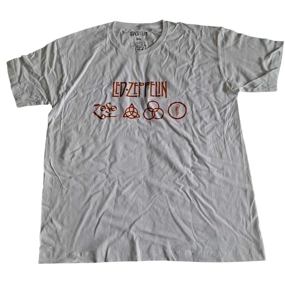 Led Zeppelin ZoSo Band Logo Graphic T-Shirt Metal Rock Band White Men's Size 2XL